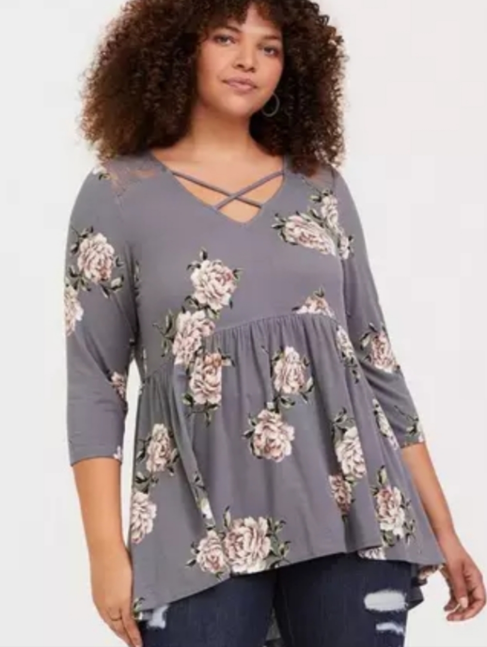 TORRID Super Soft Knits Babydoll V-Neck Strappy Top Gray Floral Size 00 (M / L)